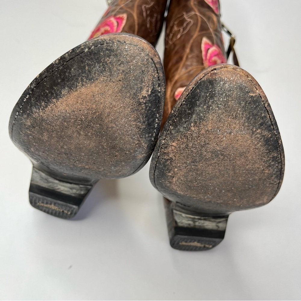 OLD GRINGO Abby Rose Pink Embroidered Floral Distressed Brown Cowboy Biker Boots - Picture 13 of 14